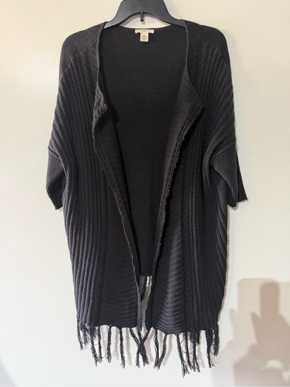 Westbound Black Open-Front Fringe Ribbed Cardigan